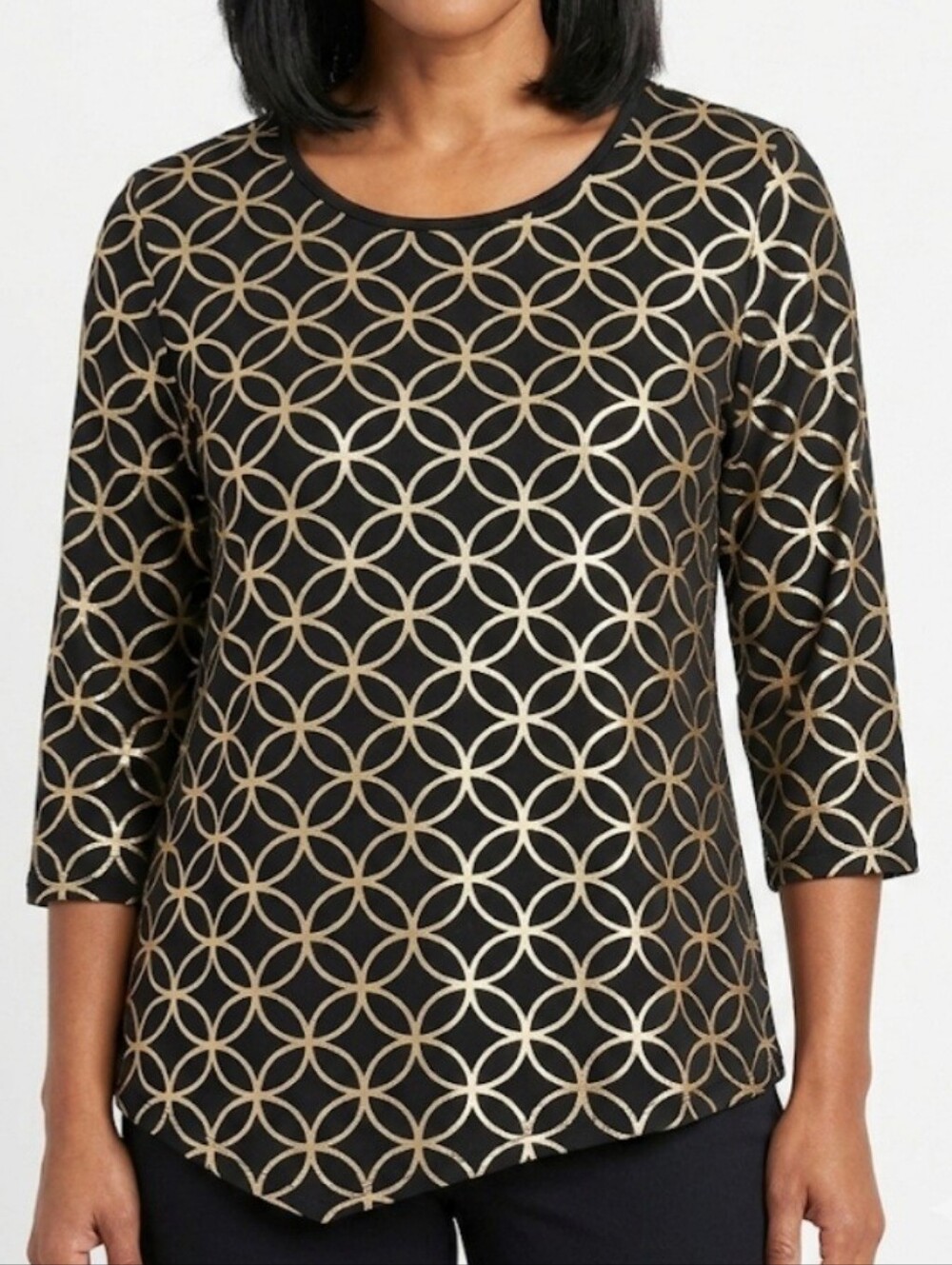 Lulu-B Black Top with Gold Geometric Circles Asymmetrical Hem Resortwear
